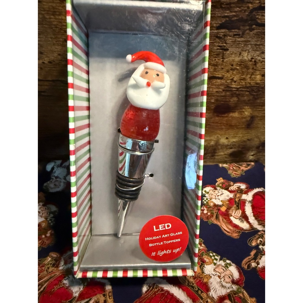 LSArts LED Holiday Art Glass Santa Bottle Topper Christmas Wine Stopper Light Up